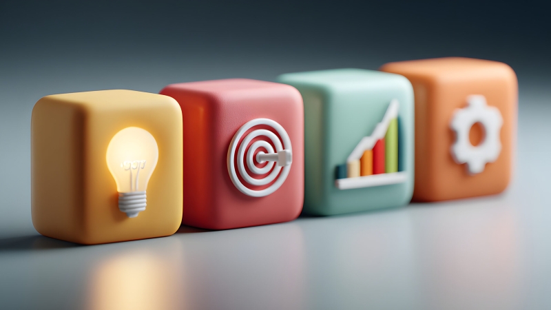 Business concept cubes with lightbulb, target, chart, and gear AI Generated